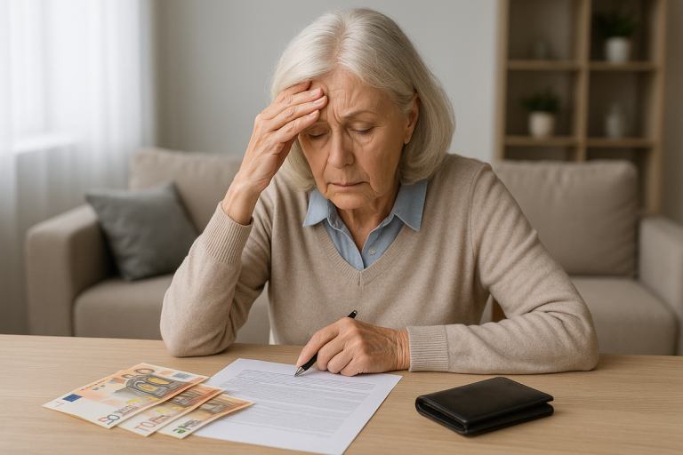 Une retraitée examine ses relevés d’épargne et sa trésorerie avec une calculatrice sur la table, pour éviter des décisions financières risquées après 60 ans.